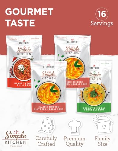 Image of READYWISE - Simple Kitchen, Soup Variety Pack, 4 Resealable Pouches, 16 Servings, Chicken Noodle Soup, MRE, Survival Food, Hiking, Camping & Backpacking Meals, Soup