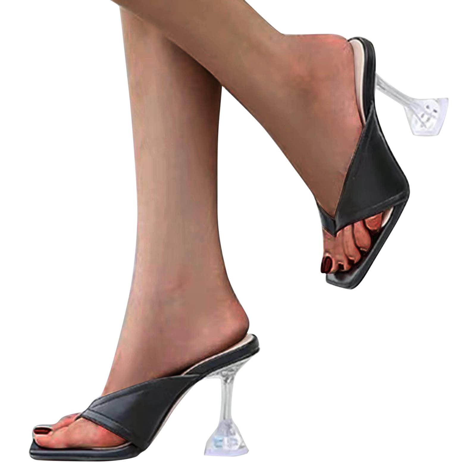 Women Slip On Kitten Heels Mules Square Toe Flip Flops