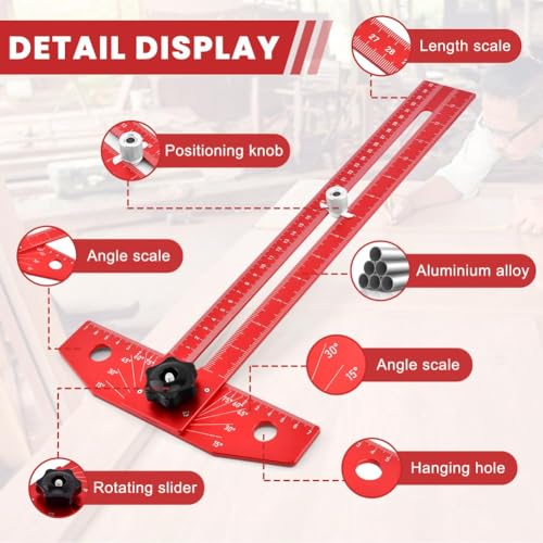 13" Foldable Aluminum Alloy Carpenter Square Ruler - Adjustable T-Scale with Imperial/Metric Measurements, Angle Positioning & Line Drawing Tool for Woodworking