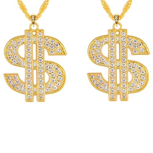 ZYLOP Gold Chain with Dollar Sign: 2 PCS Fake Gold Money Chain Necklace for Men Women Gold Plated Stainless Steel Jewelry Fashion Pendants for 70s 80s 90s Hip Hop Rapper Digger Costume Accessories