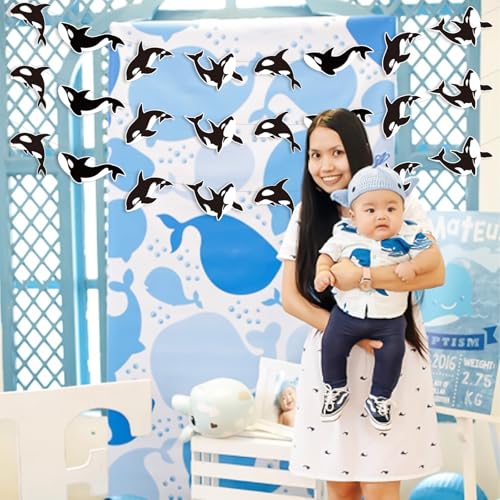 Image of Cheereveal 3 Pack Killer Whale Garlands, Black and White Orca Hanging Banners, Whales Animals Sea Creature Ocean Under The Sea Theme Baby Shower Birthday Party Decoration Supplies