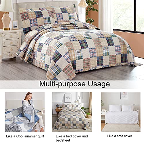 Ycosy Beige Plaid Quilt Set King Size Patchwork Quilts Bedding Plaid Reversible Bedspread Coverlet Soft Lightweight Bed Cover Set All Season,1 Quilt 2 Pillow Shams #TOP4