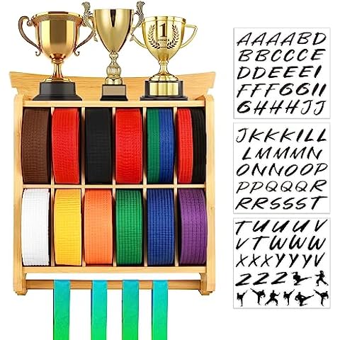 Tilhumt 12 Belts Karate Belt Display Rack with Trophy and Medal Display Rack, Taekwondo Belt Display Rack with Stickers, Martial Arts Belt Display for Kids and Adults Cover