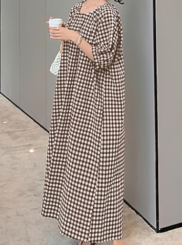 Image of chouyatou Women's Casual Gingham Loose-Fit Swing Dress Cotton Lantern Puff Sleeve Plaid Midi Long Dress