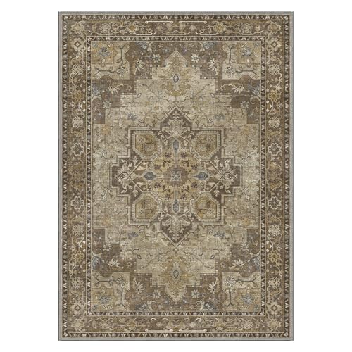 GENIMO 7'6''x9'6'' Area Rugs for Living Room, Machine Washable Non Slip Vintage Rugs, Low Pile Lightweight Chenille Print Rug for Bedroom, Dining Room, Home Office, Rustic Brown
