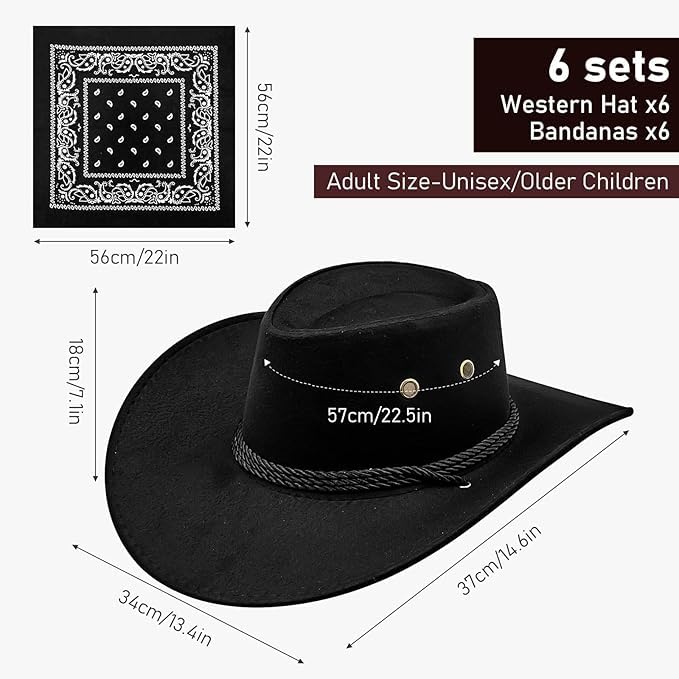 MALLOOM Lot de 6 Chapeau de cowboy avec bandana, chapeau de cowgirl avec cordon de serrage réglable, Noir costume pour adulte, accessoires de fête, chapeau de cowboy pour fête