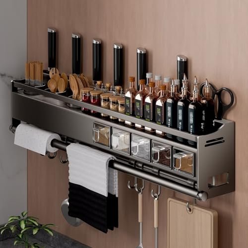 Estante de metal para especias montado en la pared con soporte para utensilios, ganchos para toallas de papel y soporte para cuchillos, estante de almacenamiento de pared de cocina para armario,