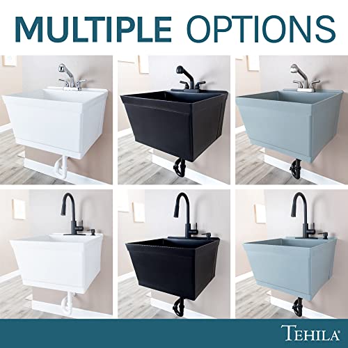 Image of JS Jackson Supplies Tehila Black Wall-Mounted Utility Sink Tub Kit with Black Pull-Down Faucet, Wall-Mounted Utility Tub with Wall Bracket for Laundry Room, Garage, Workshop