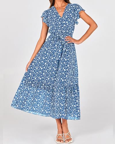 Image of BTFBM Women Summer Bohemian Floral Casual Wrap V Neck Ruffle Cap Sleeveless Belt A-Line Pleated Hem Midi Sun Dress White