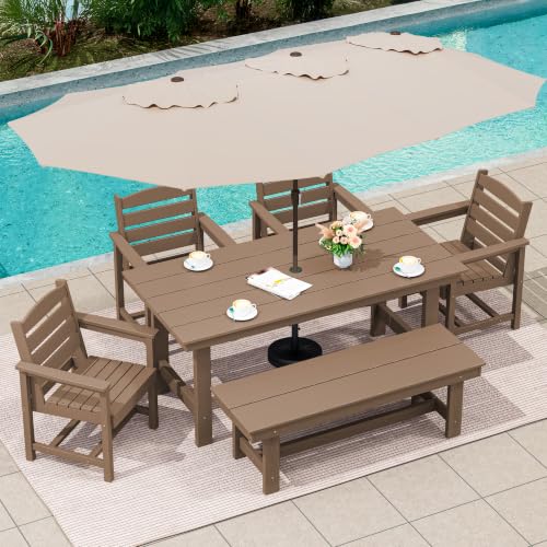 Image of SERWALL 8-Piece Outdoor Dining Sets with 15FT Double Side Outdoor Umbrella, Outdoor HDPE Dining Furniture Set with Umbrella Hole Cut-Out Table and 6 Chairs, Brown(Umbrella Base not Included)