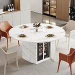 IBF Round Dining Table for 4-6, Dining Room Table with Fridge Space, Marble Dining Table with Storage, Farmhouse Round Kitchen Table for Home, White Marble, 47 Inch, Only Table