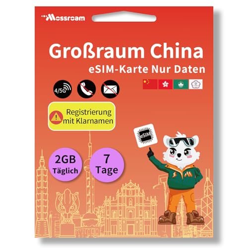 eSIM-Karte für Großchina – Prepaid-Datentarife für China, Hongkong, Macau, Taiwan | 2 GB Daten täglich, 7 Tag | Keine physische SIM-Karte erforderlich | Sofortige Aktivierung