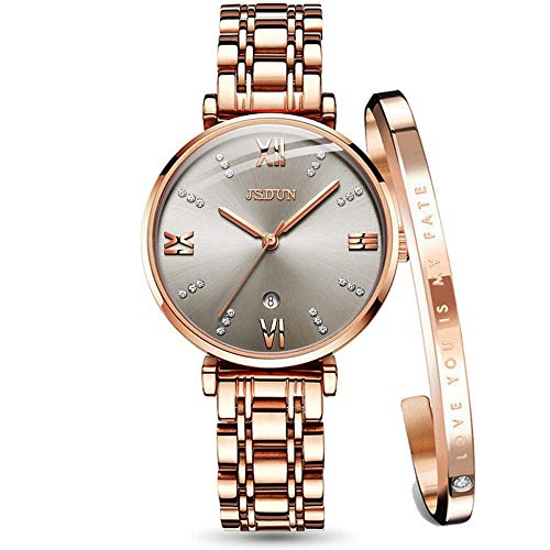 Female Watches for Women Swiss Quartz Movement Stainless Steel Rose Gold Luxury Ladies Wrist Watch Waterproof Blue face Dial Watch Set for Women