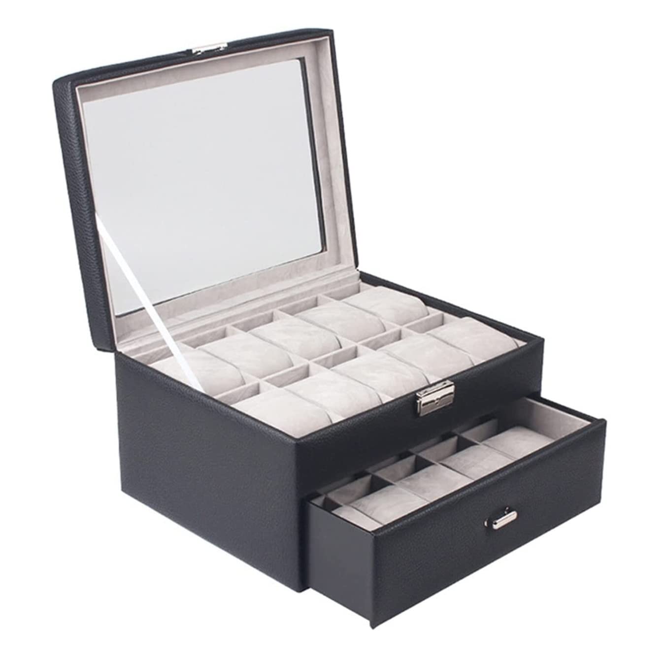 TIANQIHAO Watch Case Watch Organizer Display Double Layer 20 Slots Watch Storage Box With Drawer And Glass Display Top Lockable Watch Box,Black-29.5 * 23 * 15.5cm