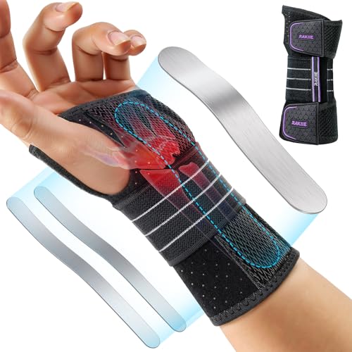 Rakiie Carpal Tunnel Wrist Brace, Adjustable Night Wrist Support with 3 Metal Splints, Hand Brace for Men Women No Pressure on Thumb, Splint Stabilizer for Work, Arthritis (Left Hand, Purple, Medium)