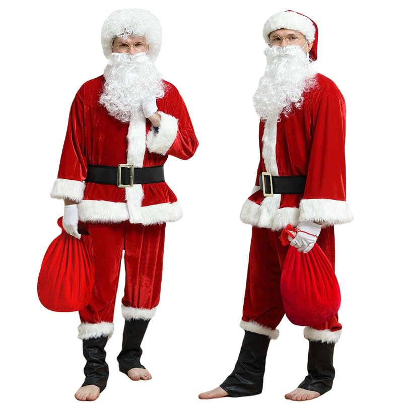 DDKJ Santa Costume Adult Men-Father Christmas Outfit Adult Santa Suits Men, Luxury Deluxe Velvet Santa Claus Costume Adults Size,Xmas Red Cosplay Outfits,Professional Clothes Set for Holiday,Party