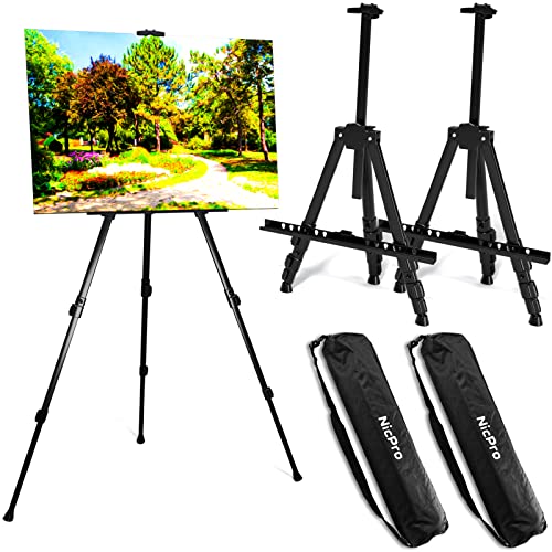 Nicpro 2 Pack Artist Easel Stand, Adjustable Height 17" to 63" Aluminum Metal Tripod Easel for Table Top & Floor