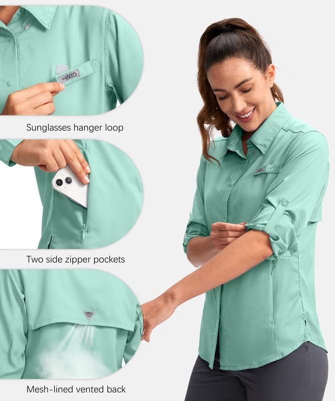 Womens Sun Protection Fishing Shirt with Zipper Pockets Lightweight SPF Long Sleeve Shirts for Hiking Safari