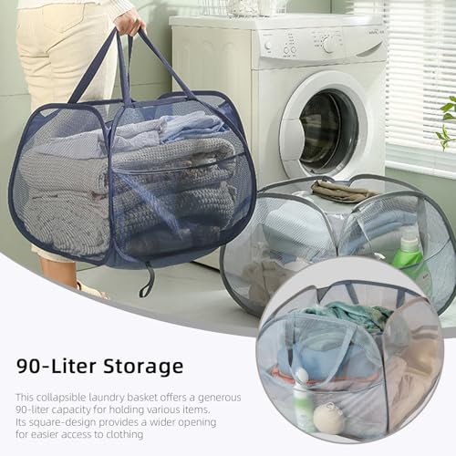 Image of Collapsible Laundry Basket 90L, Foldable Mesh Pop-up Laundry Hamper with Handles, Dirty Clothes Hamper for Laundry with Side Storage Pocket(Black, 2PCS)