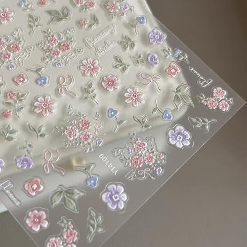 Image of Flower Nail Stickers for Nail Art Colorful Nail Stickers Small Floral Nail Decals Self Adhesive 5D Embossed with Design Spring Manicure Supplies Charm for Women Girls Accessories
