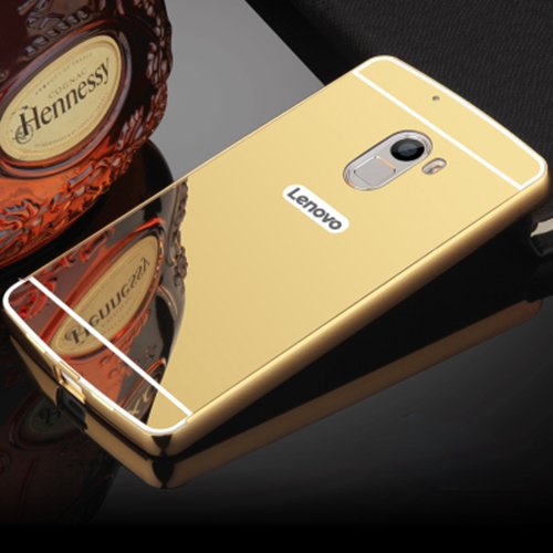 Febelo (TM) Branded Luxury Metal Bumper Acrylic Mirror Back Cover Case for Lenovo Vibe K4 Note - Gold Plated