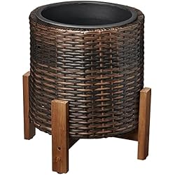Maceteros Altos Lidl Amazon Basics Redondo Maceta de mimbre con soporte de madera y revestimiento de plástico interior, 33 cm, marrón