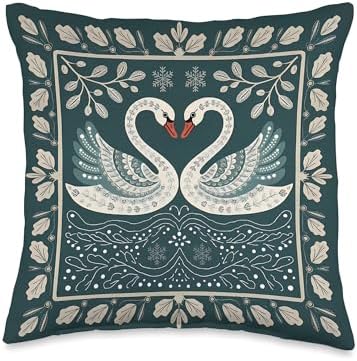 Folk Style Art Winter Swans on Teal Green Throw Pillow