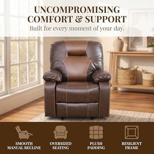 Image of Oversized Single Leather Manual Lounge Recliner Chair Bed, Brown