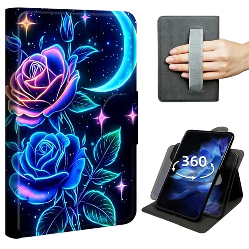 Case for Fire HD 8 Case (2018/2017/2016 Release, 8th/7th/6th Gen), 360° Rotating Stand Cover with Hand Strap, Shockproof Protective Folio with Auto Sleep/Wake,Blue Roses Moon Stars
