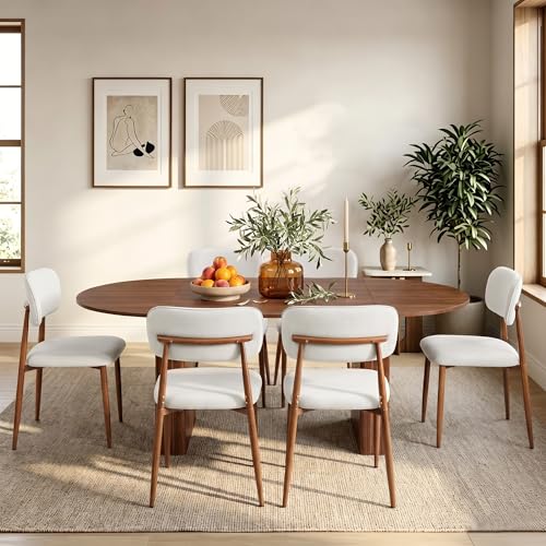 Image of weselon Mid-Century Modern Dining Chairs Set of 6, Upholstered Velvet Dining Room Chairs with Ergonomic Barrel Back, Wood Grain Metal Frame with Adjustable Feet (Walnut Frame+Gray White Seat, 6)