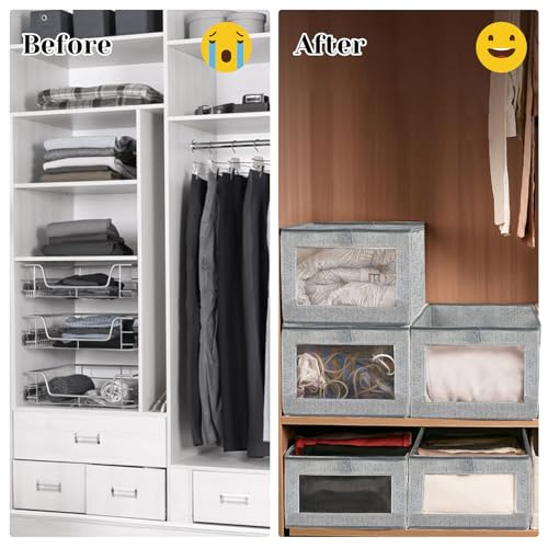 6 Pieces Linen Closet Storage Bins with Clear Window, Shelf Basket Closet Clothes Organizer Storage Containers for Organizing Shelves Wardrobe Office Clothing Books - Image 6