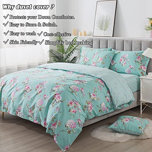 Fadfay Duvet Cover Set King/Cal King 4 Pcs Percal Cotton Purple Hydrangea Peony Floral Comforter Cover Button Closure Reversible Luxury Soft Blue Teal French Country Striped Deep Pocket Fitted Sheet #TOP4