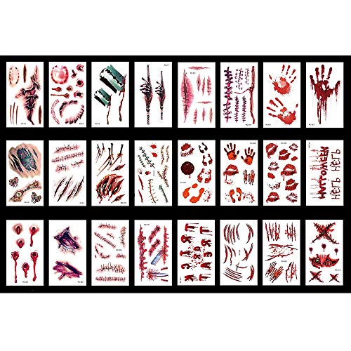 Halloween Tattoo Sticker, Zombies Cosplay,Waterproof Horror Realistic Stitch Scar Bleeding Wound Body Stickers for Masquerade Prank Makeup,24 sheets