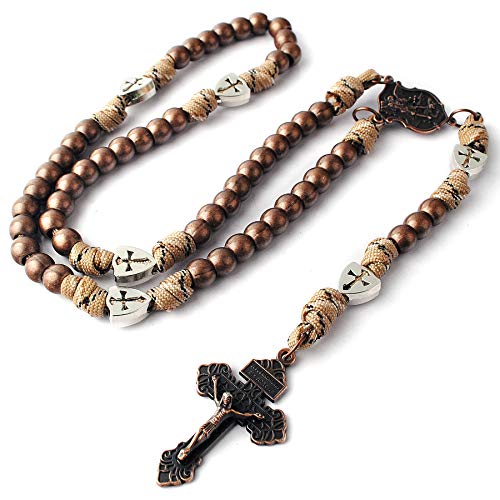 Hanlincc Large And Heavy Antique Copper Metal Beads Rugged Durable Paracord Rosary Necklace With St.michael Center Piece And Pardon Crucifix For Men (Antique Copper St.michael Paracord Rosary) #TOP3