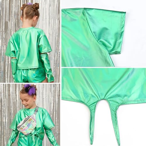 Image of Perfashion Girls Metallic Shirts Shiny Tie Front Knot Crop Top with Arm Sleeves for Dancing Raves Festivals 4-15 Years
