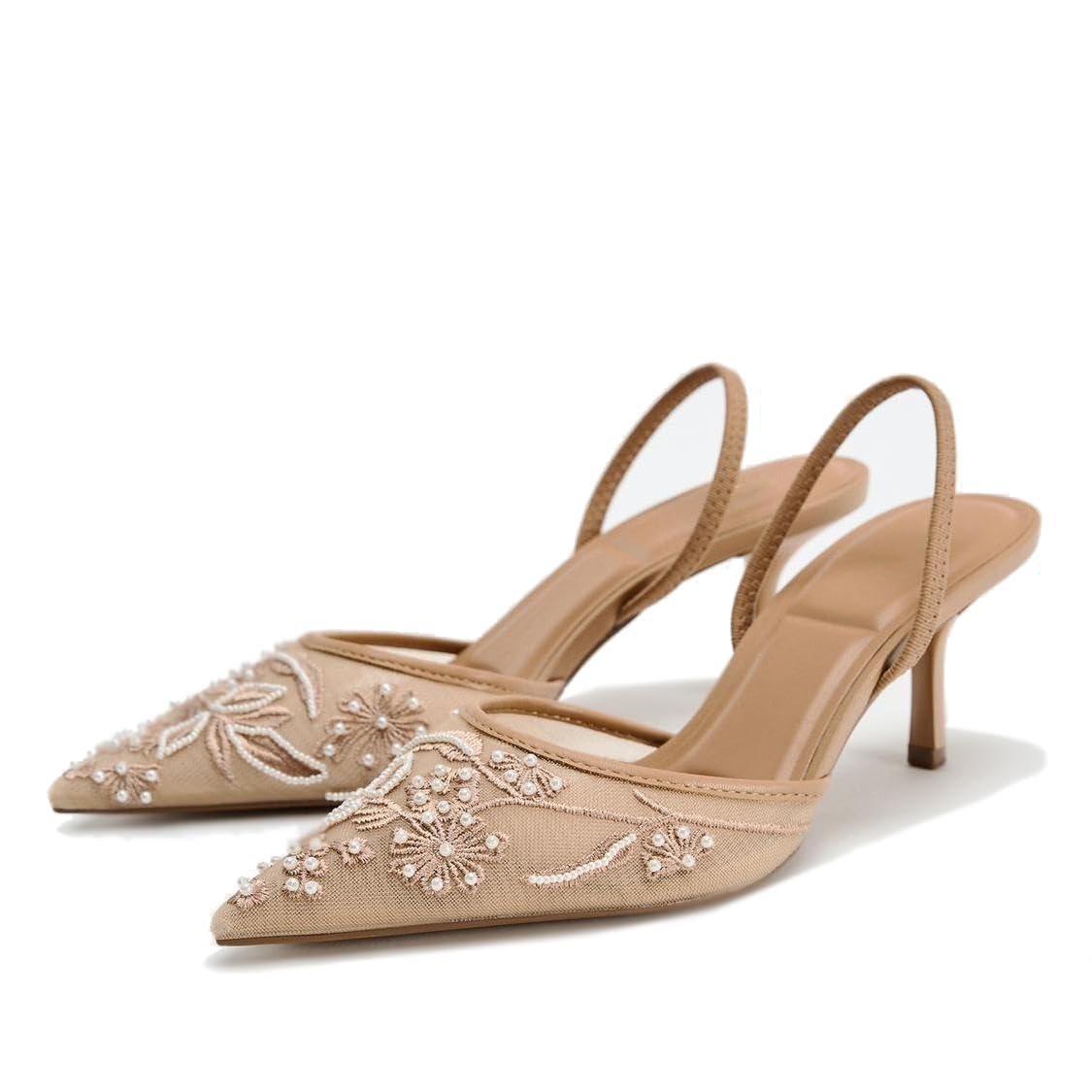 Zapatos de tacón de Aguja con Tira Trasera y Lazo para Mujer, Tacones de Gatito con Cuentas Bordadas de Malla y Punta Puntiaguda, Zapatos de Fiesta Nupcial para Boda,1 Beige,37 EU