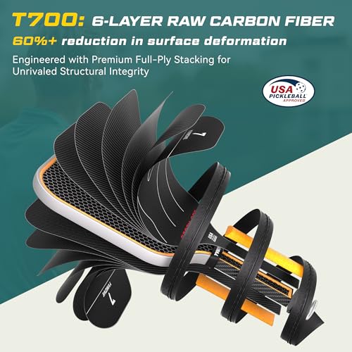 Image of USAPA Approved 6-Layer Construction T700 Carbon Fiber Pickleball Paddle, 16mm Thermoformed Pickleball Racket with High Spin & Extended Grip, Professional Pickleball Paddle for Control and Power