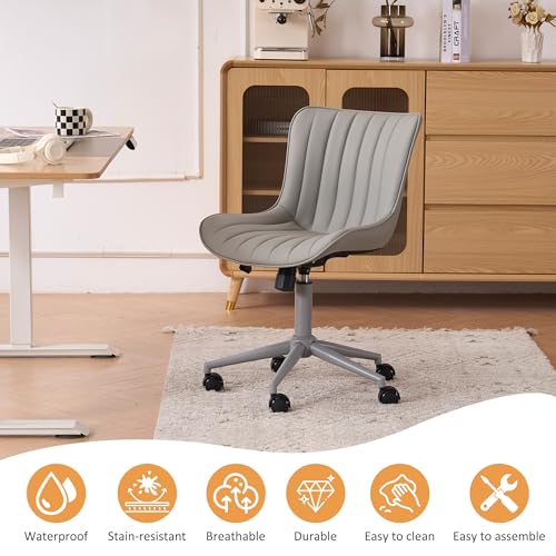 Image of YOUNIKE Office Desk Chair with Wheels Armless Vanity Chair Ergonomic Grey | Faux Leather Upholstered with Rocking Back, Swivel Height Adjustable, Modern Small Cute Task Chair For Sewing Drafting