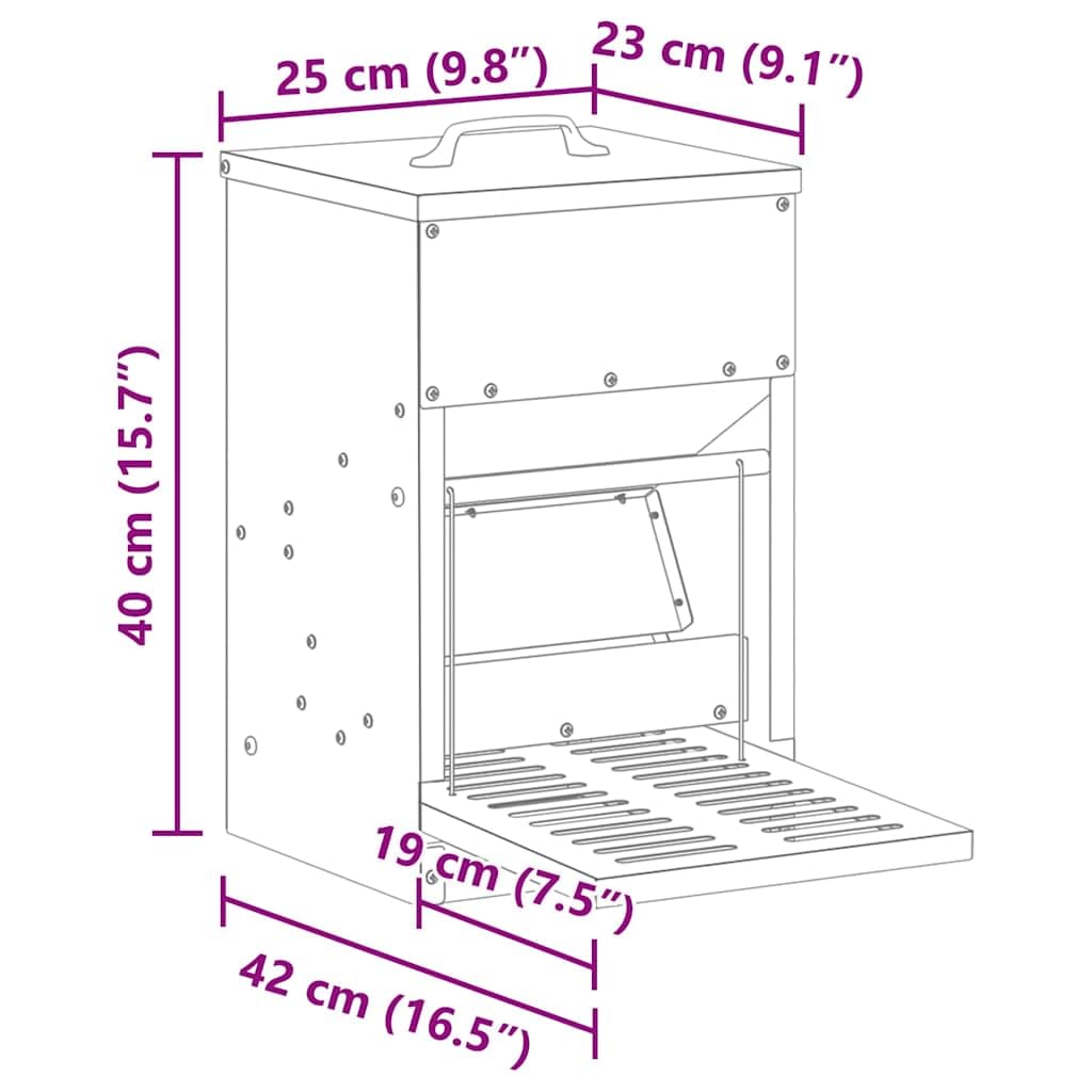 Comedero para patadas de pollo de acero galvanizado, 25 x 42 x 40 cm, resistente a la intemperie con capacidad de 4 kg, para interior y exterior, comedero robusto para aves de corral, gestión