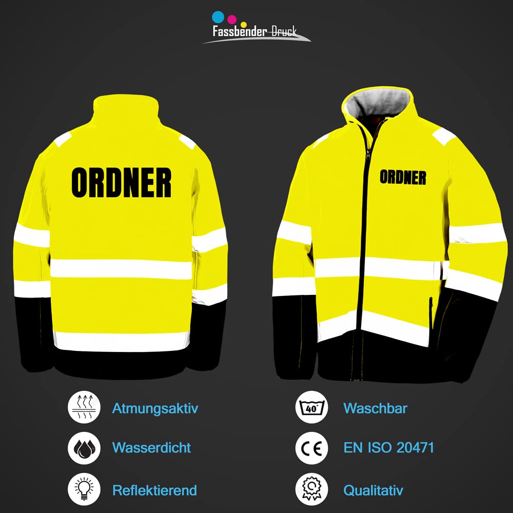 ORDNER Sicherheitsjacke GELB aus Softshell - Gelb Warnjacke nach EN ISO 20471 zertifiziert - Unisex und hochwertigem Reflektorstreifen