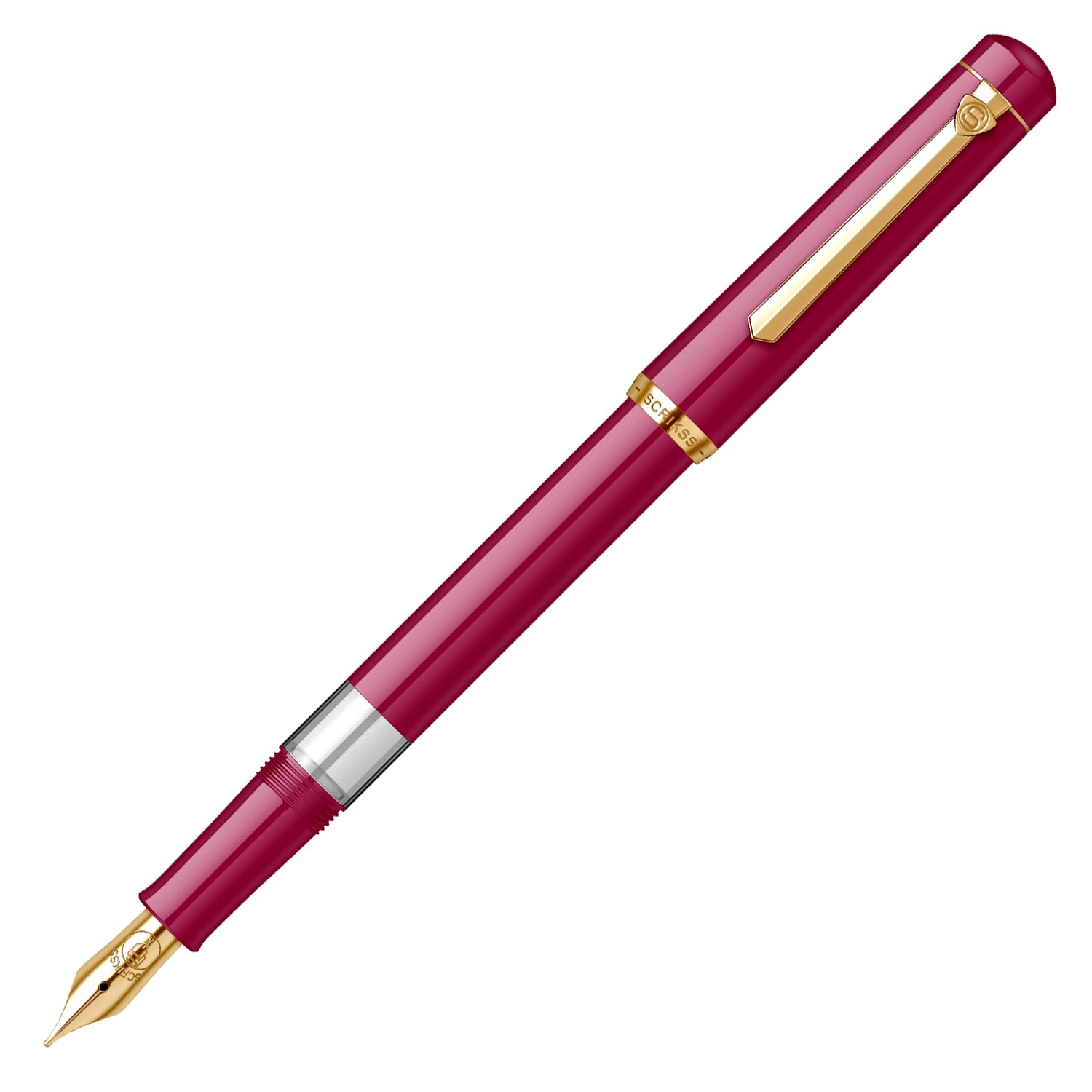 Scrikss 419 Fountain Pen, Classic Piston-Fill Design, 23K Gold-Plated Trim, Stainless Steel Nib, Ink Window, Luxury Box (Dark Pink)