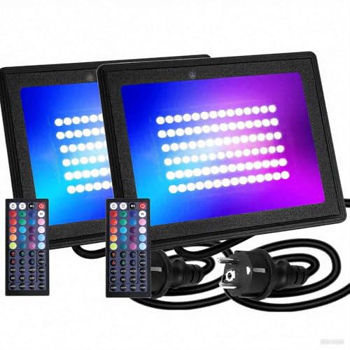 Aigostar Foco Proyector LED con Enchufe, 50W, con Mando a Distancia,RGB, 6 Modos de Funcionamiento Estroboscópico. Lluminación regulable, Temporizador. Uso Interior y Exterior IP65, Paquete de 2