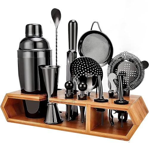 Set de coctelera con rack de madera, 19 piezas acero inoxidable miniatura 1