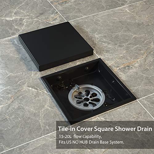 USHOWER Square Shower Drain 4 Inch, Tile-insert Matte Black Stainless Steel Square Drain with Drain flange kit
