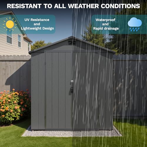 Image of Devoko 6x4 FT Resin Storage Shed with Floor, Waterproof Tool Storage Shed with Lockable Door for Patio, Garden, Backyard, Dark Gray