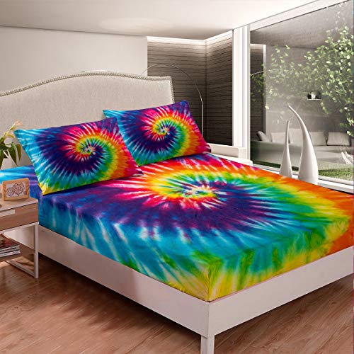 Loussiesd Tie Dye Sheet Set Double Size Kids Girls Boho Trippy Swirl Bed Sheets Set Ultra Soft Bright Colorful Rainbow Bedding Set Women Teens Bohemian Gypsy Sheets,Microfiber - Image 2