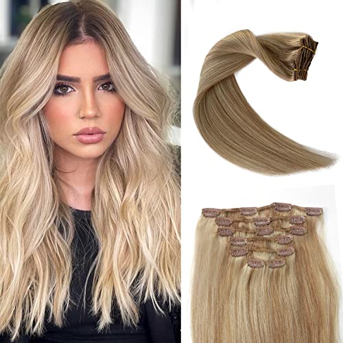 Licoville Clip in Human Hair Extensions for Women Highlight Blonde Real Hair Extensions 20 Inch Straight Strawberry Blonde and Bleach Blonde Mixed Highlights Extension Clip ins 70grams 7pcs