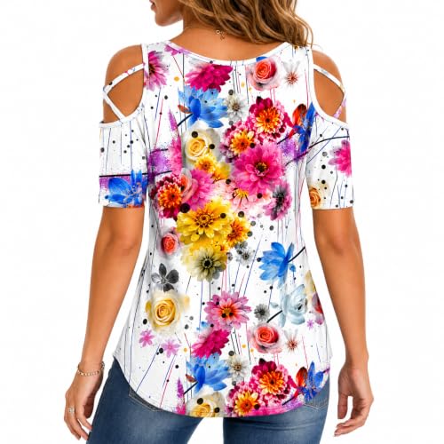 Image of Jar of Love Women's Summer Tops Short Sleeve Cold Shoulder Tops T-Shirts for Women Spring Summer Tops Loose Fit Tunic 2026