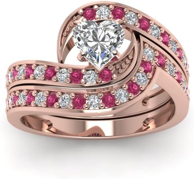 Choose Your Gemstone Swirl Pave Diamond CZ Wedding Ring Set Rose Gold Plated Heart Shape Wedding Ring Sets Everyday Jewelry Wedding Jewelry Handmade Gifts for Wife US Size 4 to 12