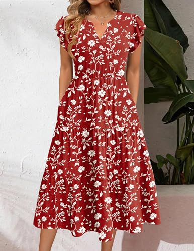Image of ZEAGOO Womens Summer Casual Dresses Ruffle Sleeve V Neck Midi Dress Flowy Tiered Dress with Pockets Boho Sundresses